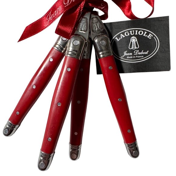Laguiole Jean Dubost Bee Logo Red Cocktail Fork Set 4-Piece Stainless Steel Gift - Picture 3 of 11